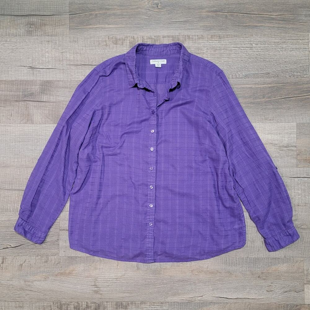 Coldwater Creek Button Up Shirt Plus Size 2X Purple Plaid Cotton Roll Tab Sleeve